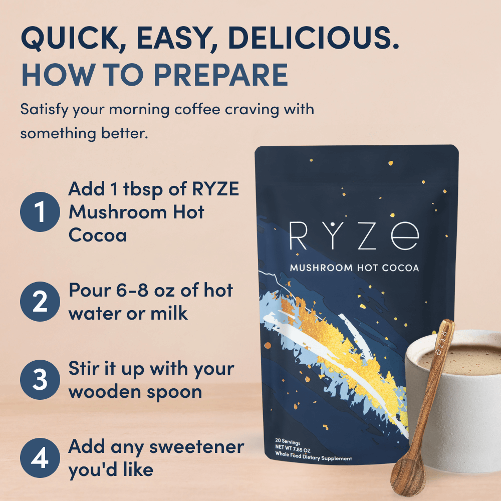 RYZE Mushroom Hot Cocoa — Organic Instant Cocoa with L-Theanine & Melatonin, 20 Servings